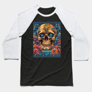 Top Flowers Skull Samurai Baseball T-Shirt