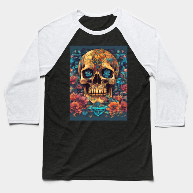Top Flowers Skull Samurai Baseball T-Shirt by animegirlnft