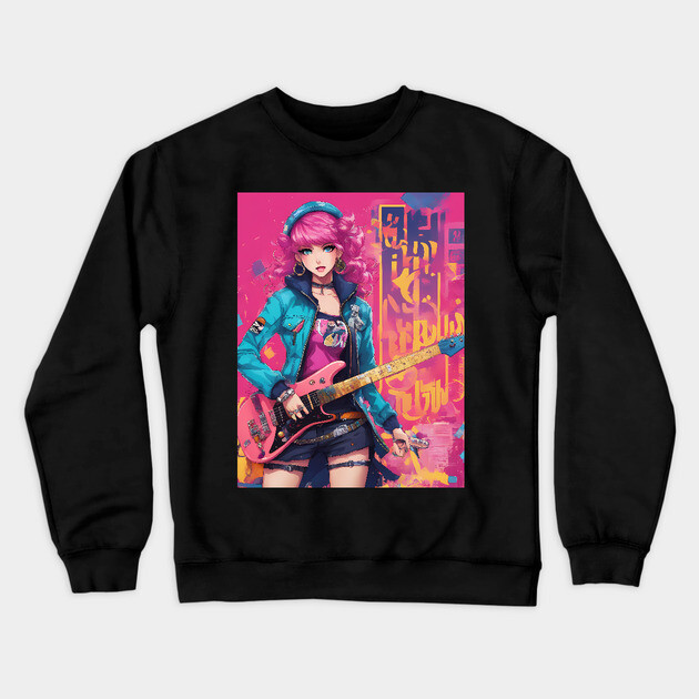 Waifu Guitar Heavy Metal Crewneck Sweatshirt by animegirlnft