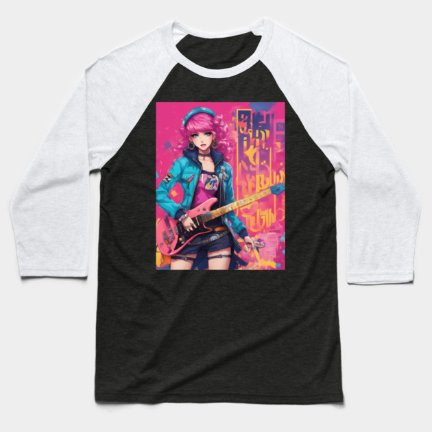 Waifu Guitar Heavy Metal Baseball T-Shirt by animegirlnft
