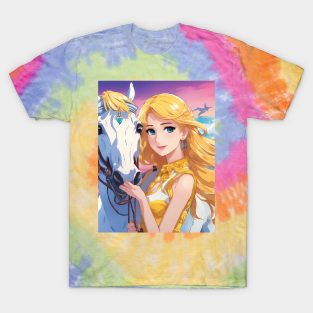 Blonde Anime Girl with White Horse T-Shirt by animegirlnft