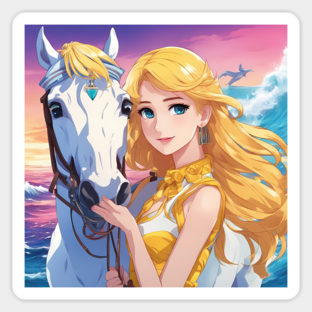 Blonde Anime Girl with White Horse Sticker by animegirlnft