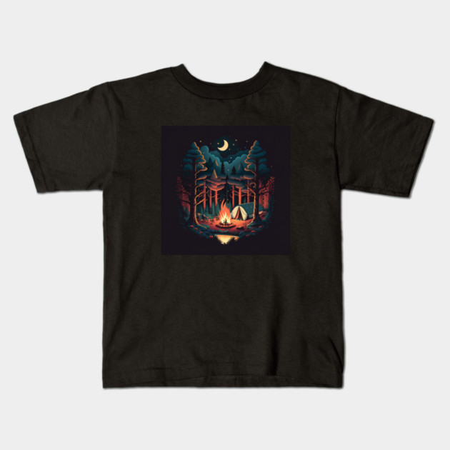 Camping Adventure in the Forest, Campfire Kids T-Shirt by logiamerch