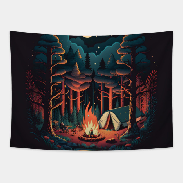 Camping Adventure in the Forest, Campfire Tapestry by logiamerch