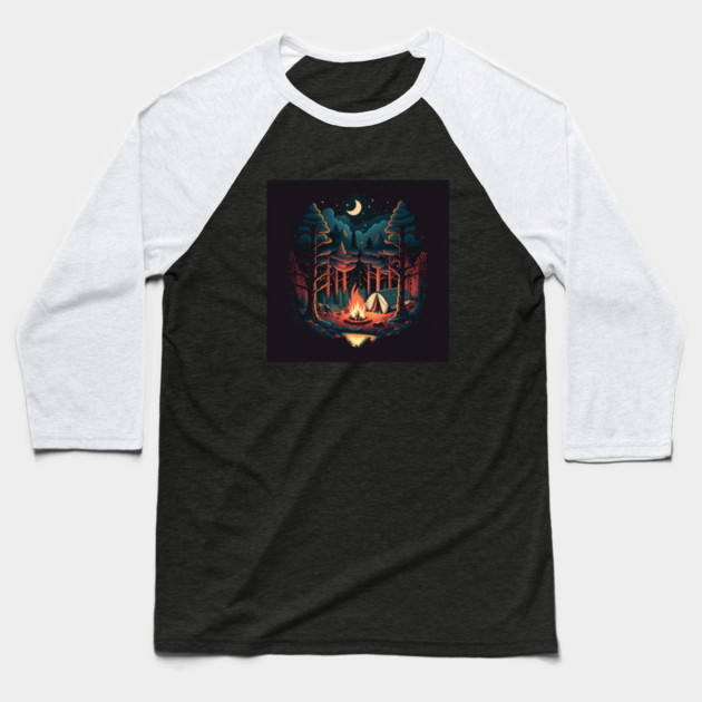 Camping Adventure in the Forest, Campfire Baseball T-Shirt by logiamerch