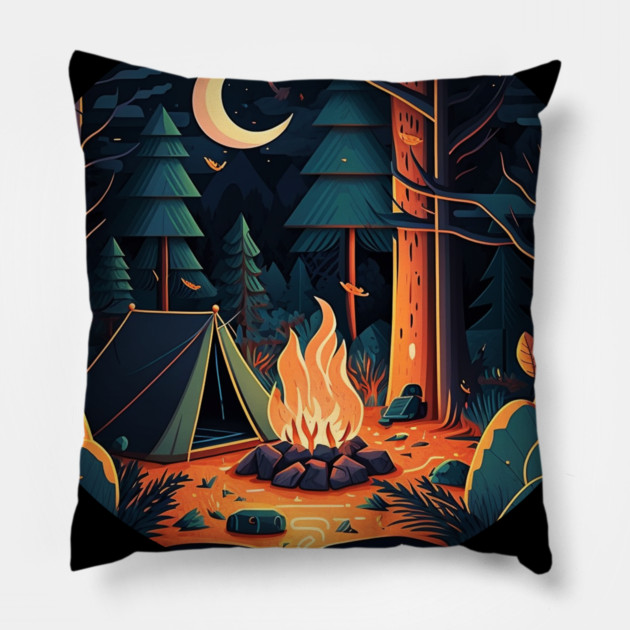Camping Adventure in the Forest, Campfire Pillow by logiamerch