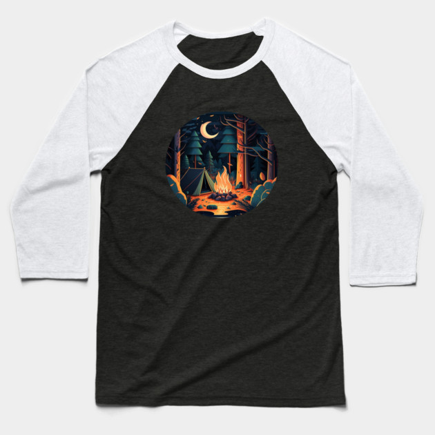 Camping Adventure in the Forest, Campfire Baseball T-Shirt by logiamerch