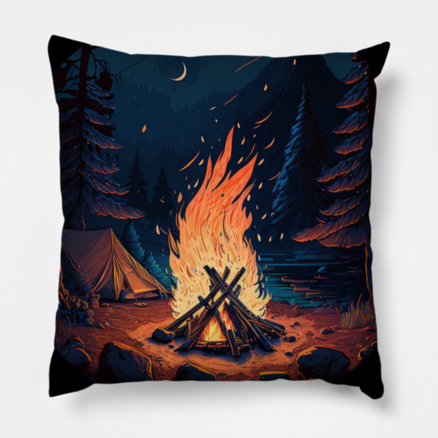 Camping Adventure in the Forest, Campfire at Night Pillow by logiamerch