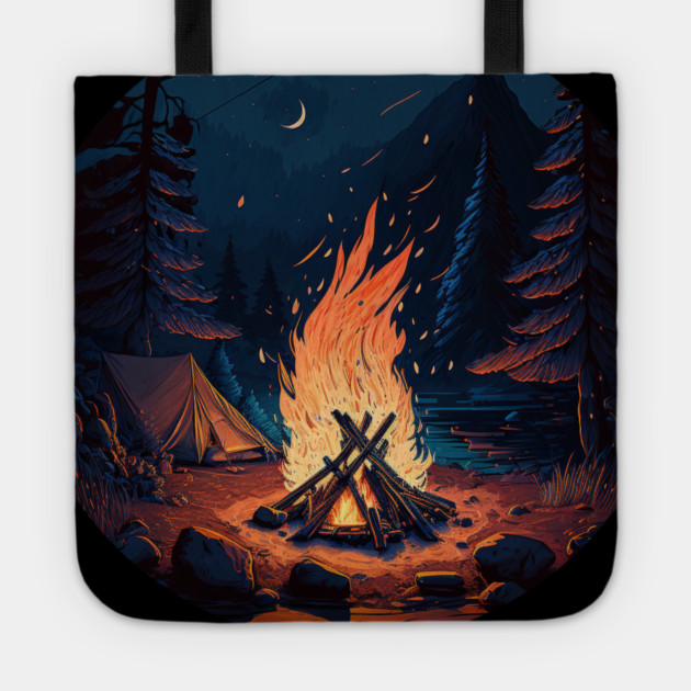 Camping Adventure in the Forest, Campfire at Night Tote by logiamerch
