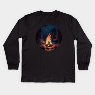 Camping Adventure in the Forest, Campfire at Night Kids Long Sleeve T-Shirt