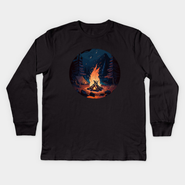Camping Adventure in the Forest, Campfire at Night Kids Long Sleeve T-Shirt by logiamerch