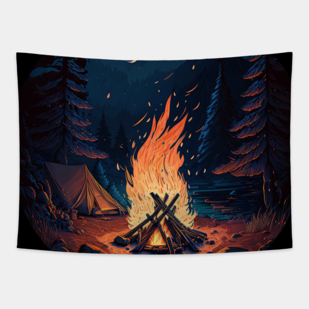 Camping Adventure in the Forest, Campfire at Night Tapestry by logiamerch