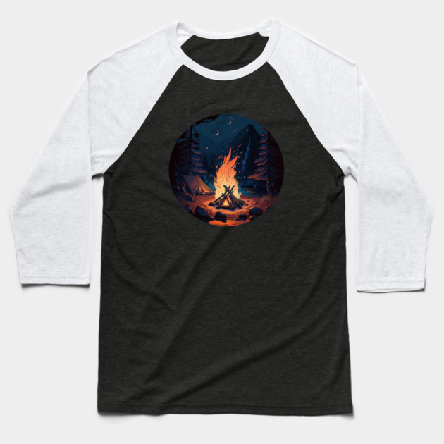 Camping Adventure in the Forest, Campfire at Night Baseball T-Shirt by logiamerch