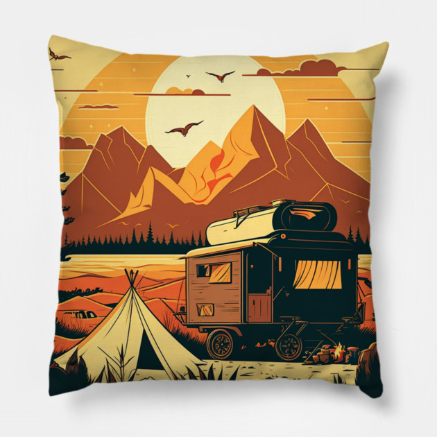 Camping Adventure Sunset, Camping Van Pillow by logiamerch