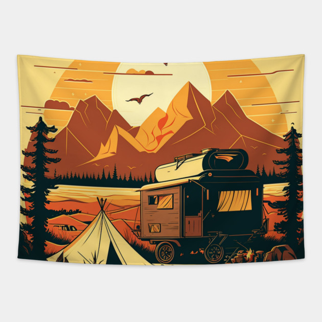 Camping Adventure Sunset, Camping Van Tapestry by logiamerch