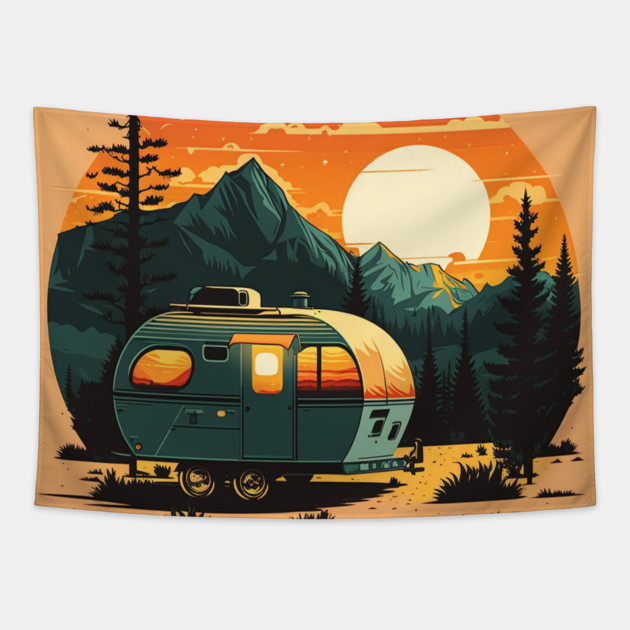 Camping Adventure Sunset, Camping Van Tapestry by logiamerch