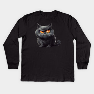 Funny Black Cat, Annoyed looking Cat Kids Long Sleeve T-Shirt