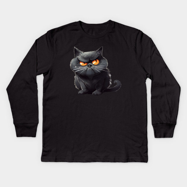 Funny Black Cat, Annoyed looking Cat Kids Long Sleeve T-Shirt by logiamerch