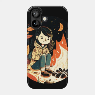 Girl Camping in the Woods, Campfire Phone Case