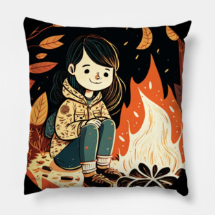 Girl Camping in the Woods, Campfire Pillow