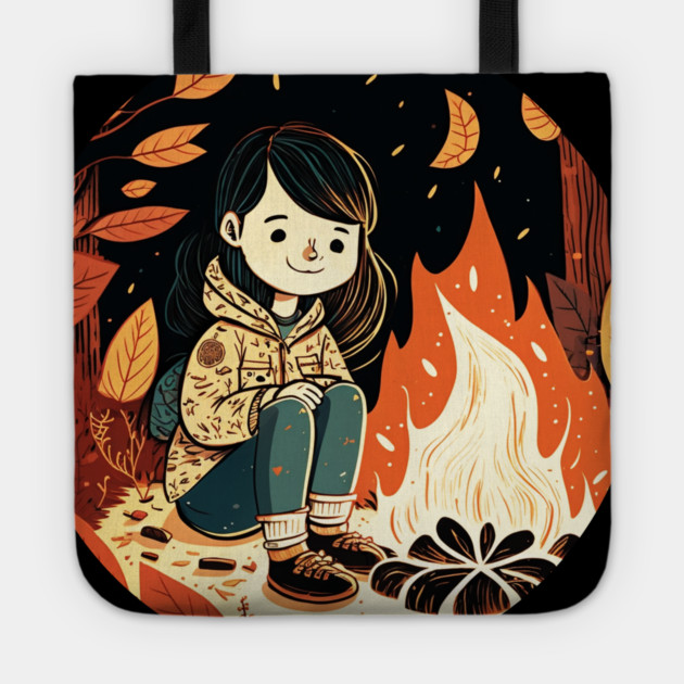 Girl Camping in the Woods, Campfire Tote by logiamerch
