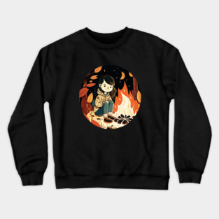 Girl Camping in the Woods, Campfire Crewneck Sweatshirt