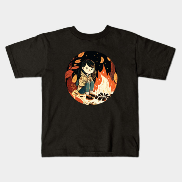 Girl Camping in the Woods, Campfire Kids T-Shirt by logiamerch