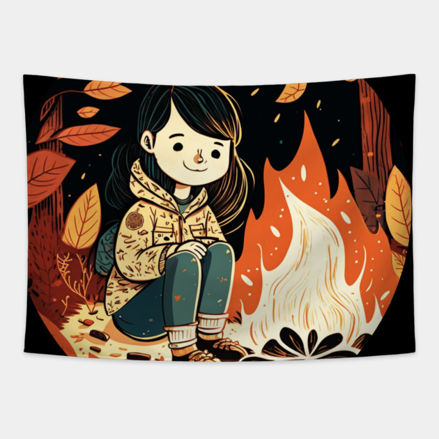 Girl Camping in the Woods, Campfire Tapestry by logiamerch