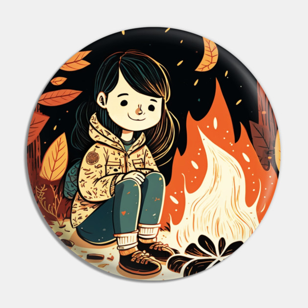 Girl Camping in the Woods, Campfire Pin by logiamerch