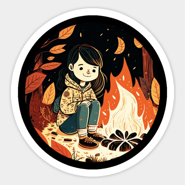 Girl Camping in the Woods, Campfire Sticker by logiamerch
