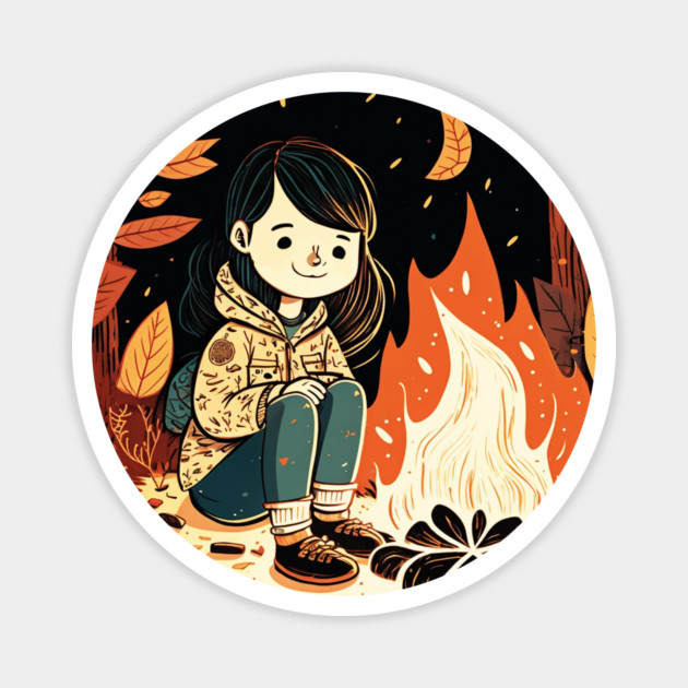Girl Camping in the Woods, Campfire Magnet by logiamerch