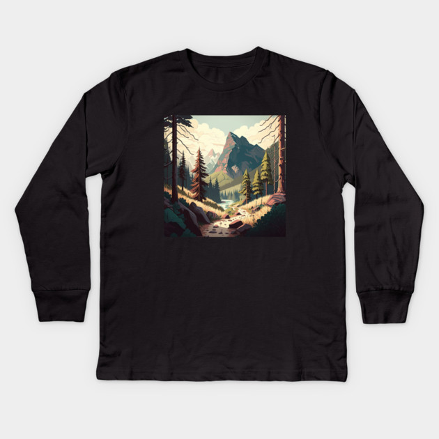 Hiking in Forest Minimal Design, Adventure Mountain Kids Long Sleeve T-Shirt by logiamerch