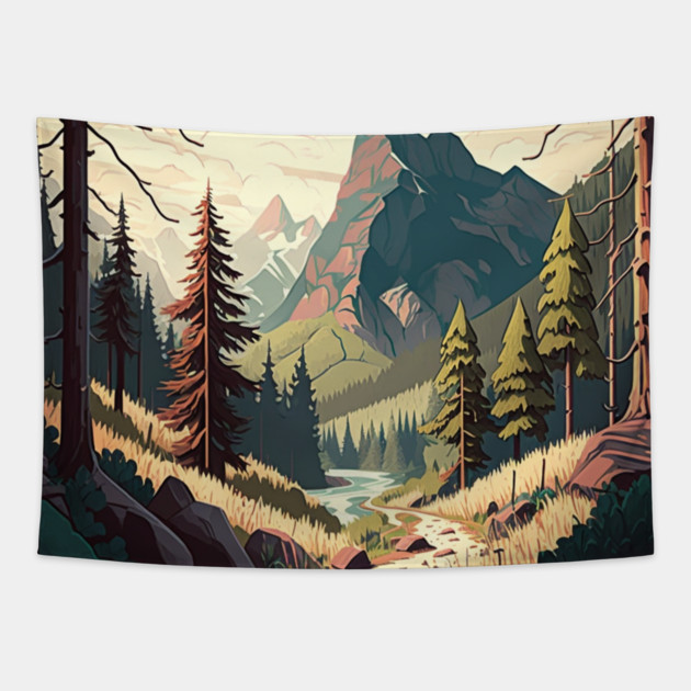 Hiking in Forest Minimal Design, Adventure Mountain Tapestry by logiamerch