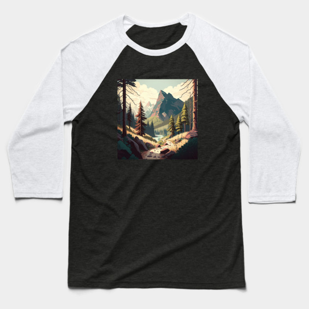 Hiking in Forest Minimal Design, Adventure Mountain Baseball T-Shirt by logiamerch