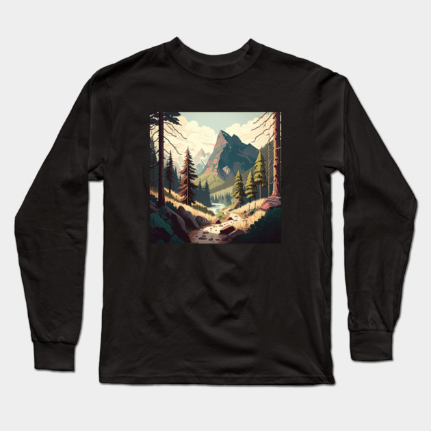 Hiking in Forest Minimal Design, Adventure Mountain Long Sleeve T-Shirt by logiamerch