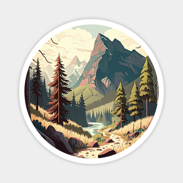Hiking in Forest Minimal Design, Adventure Mountain Magnet by logiamerch