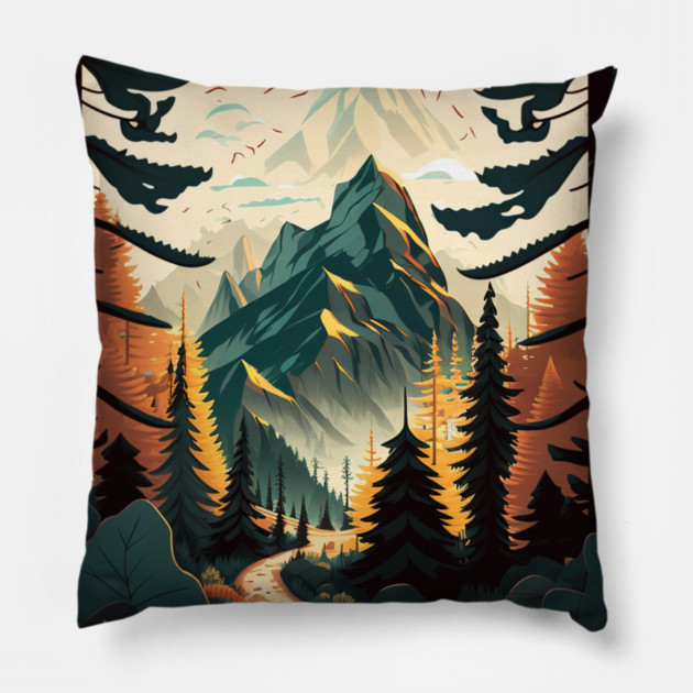 Hiking in Forest Minimal Design, Adventure Mountain Pillow by logiamerch