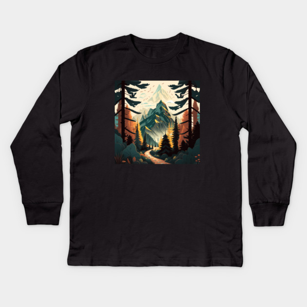 Hiking in Forest Minimal Design, Adventure Mountain Kids Long Sleeve T-Shirt by logiamerch