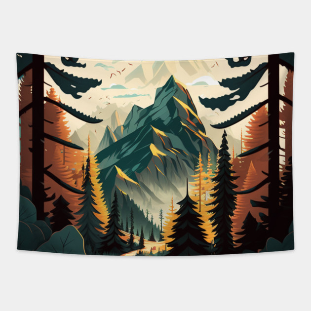 Hiking in Forest Minimal Design, Adventure Mountain Tapestry by logiamerch