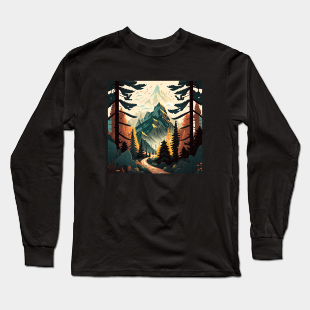 Hiking in Forest Minimal Design, Adventure Mountain Long Sleeve T-Shirt by logiamerch