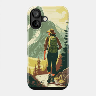 Woman Hiking in Forest Minimal Design, Adventure Mountain Phone Case