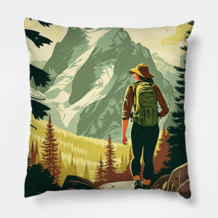Woman Hiking in Forest Minimal Design, Adventure Mountain Pillow