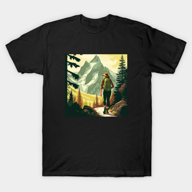 Woman Hiking in Forest Minimal Design, Adventure Mountain T-Shirt by logiamerch