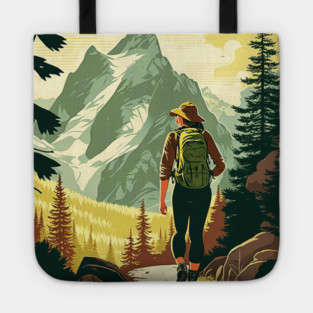 Woman Hiking in Forest Minimal Design, Adventure Mountain Tote