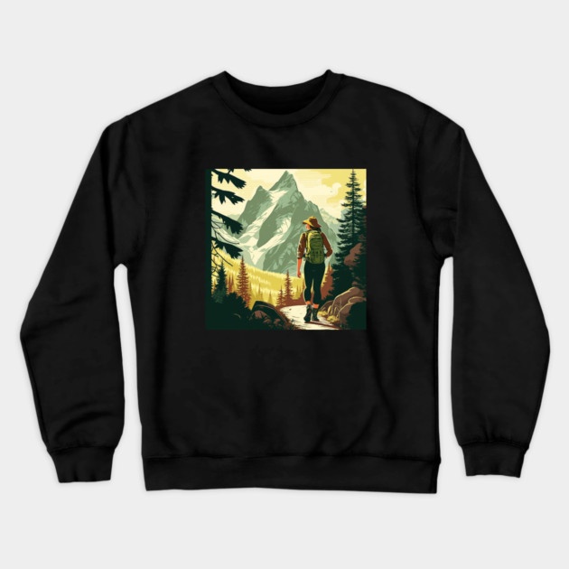 Woman Hiking in Forest Minimal Design, Adventure Mountain Crewneck Sweatshirt by logiamerch
