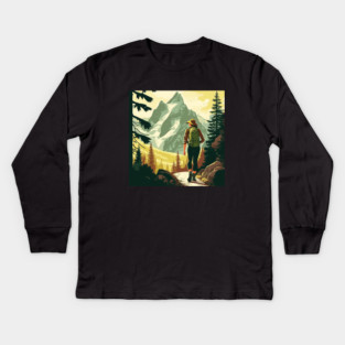 Woman Hiking in Forest Minimal Design, Adventure Mountain Kids Long Sleeve T-Shirt