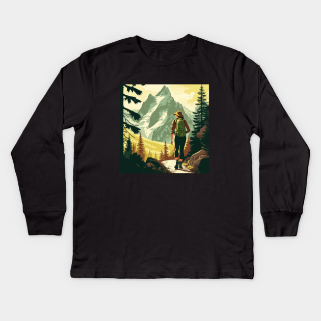 Woman Hiking in Forest Minimal Design, Adventure Mountain Kids Long Sleeve T-Shirt by logiamerch