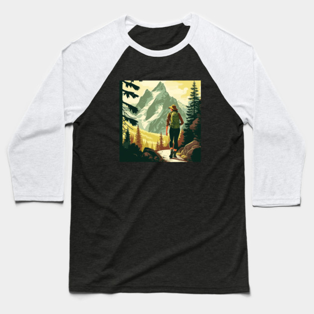 Woman Hiking in Forest Minimal Design, Adventure Mountain Baseball T-Shirt by logiamerch