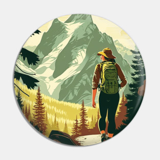 Woman Hiking in Forest Minimal Design, Adventure Mountain Pin