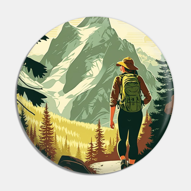 Woman Hiking in Forest Minimal Design, Adventure Mountain Pin by logiamerch